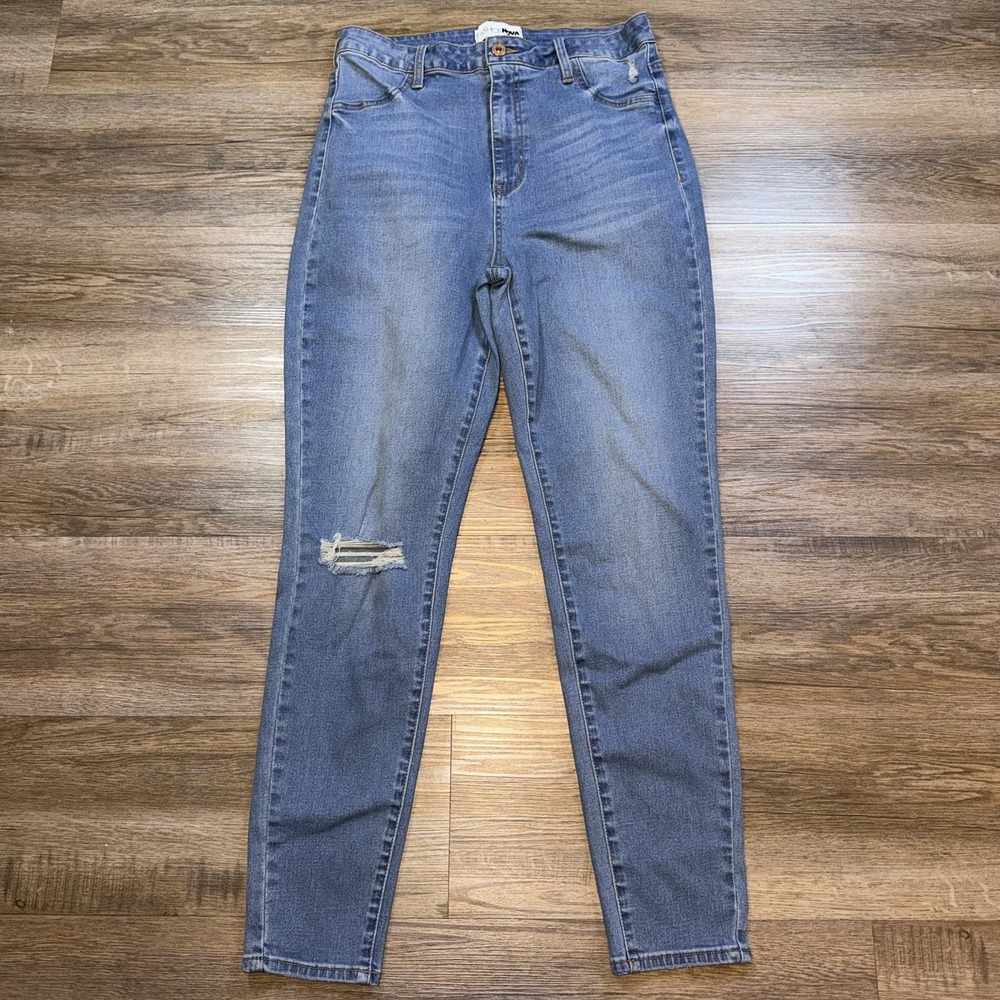 Fashion Nova Blue Stretchy Skinny Jeans Juniors 13 High-Rise Distressed Rips